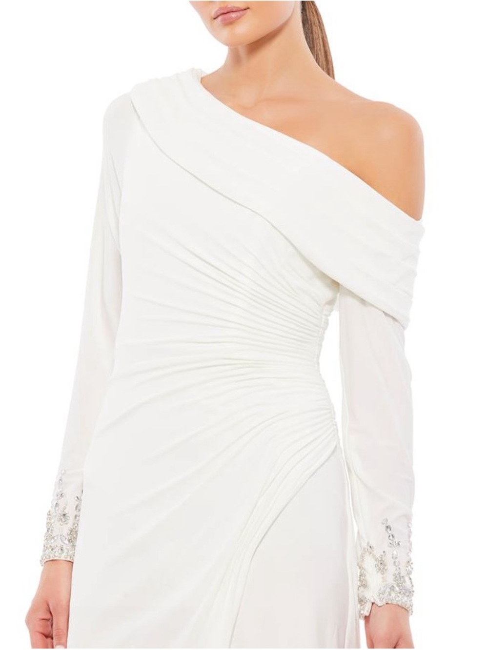 NWT MAC DUGGAL White Fold Over Long Sleeve Jeweled Midi Dress Size 14 - Picture 4 of 12